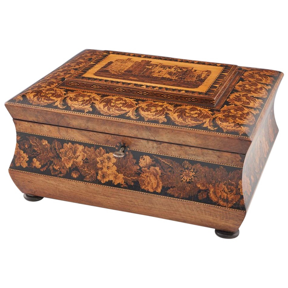 A Superb Tunbridge Ware Jewellery or Sewing Box Depicting Hever Castle, c1870