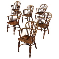 Antique Chairs Arm Set 6 Yew Elm Ash Windsor Hoop Back Crinoline Stretchers Vase Splat