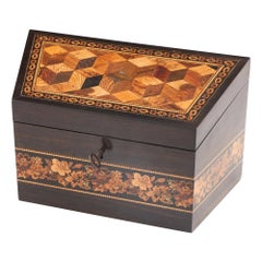 Caja de papelería Tunbridge Ware con cubos isométricos y mosaico floral, c1870