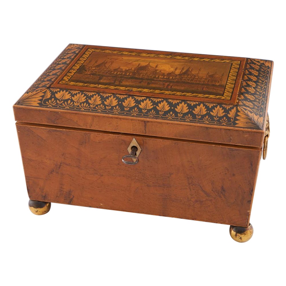 Tunbridge Ware - An Early Sewing Box with Mounted Brighton Pavilion Print, c1820 For Sale
