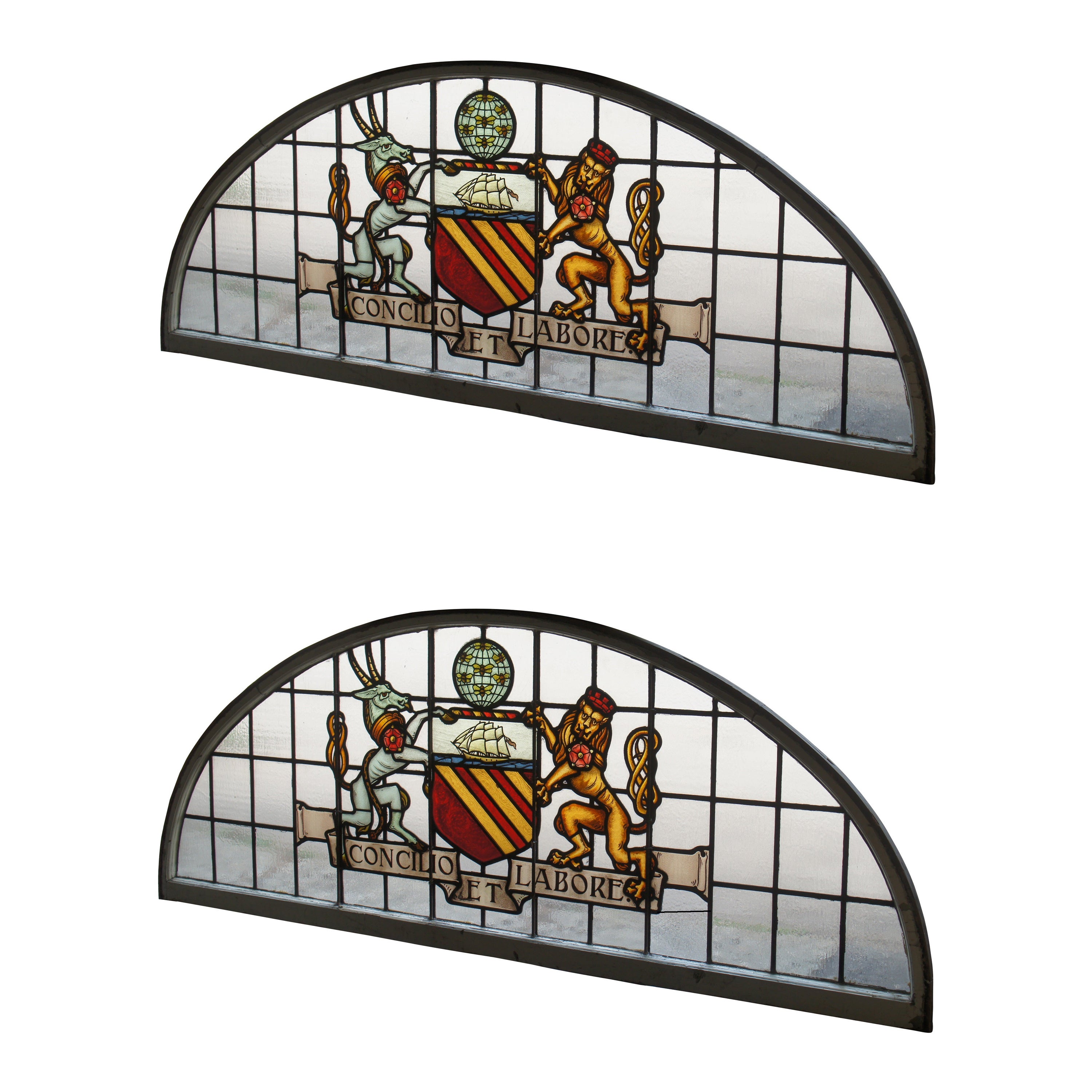 2 Rare Antique Manchester English Stained Glass Palladian Windows Coat of Arms For Sale