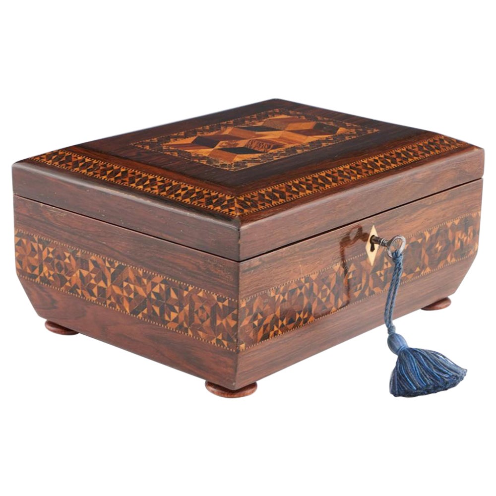 A Sarcophagal Tunbridge Ware Sewing Box with Isometric Cube Design, c1835 For Sale