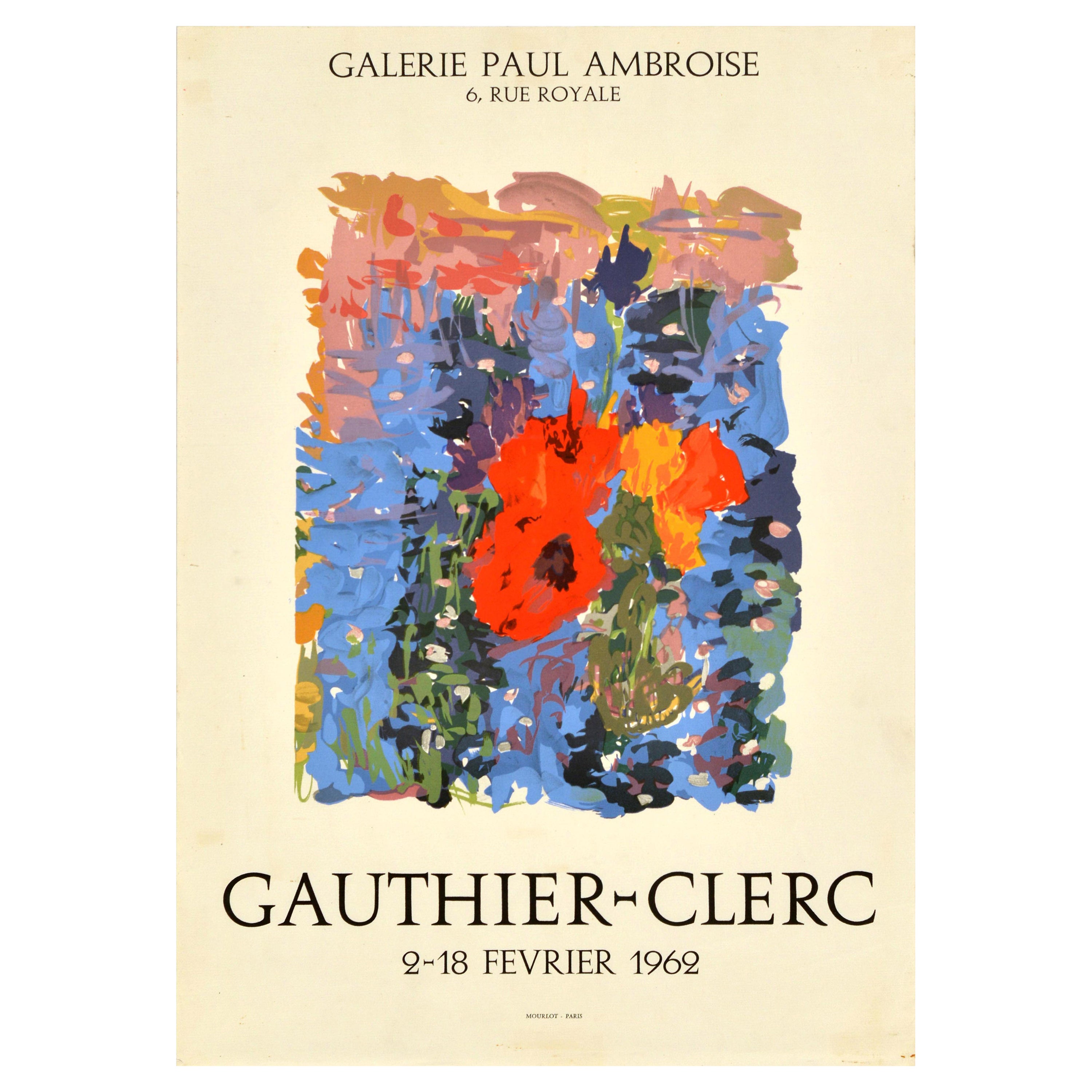 Original Vintage Art Exhibition Poster Gauthier Clerc 1962 Poppy Floral Design For Sale