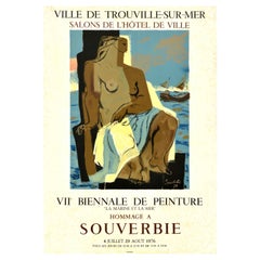 Cartel original vintage de exposición de arte Jean Souverbie Homenaje a la Marina y el Mar