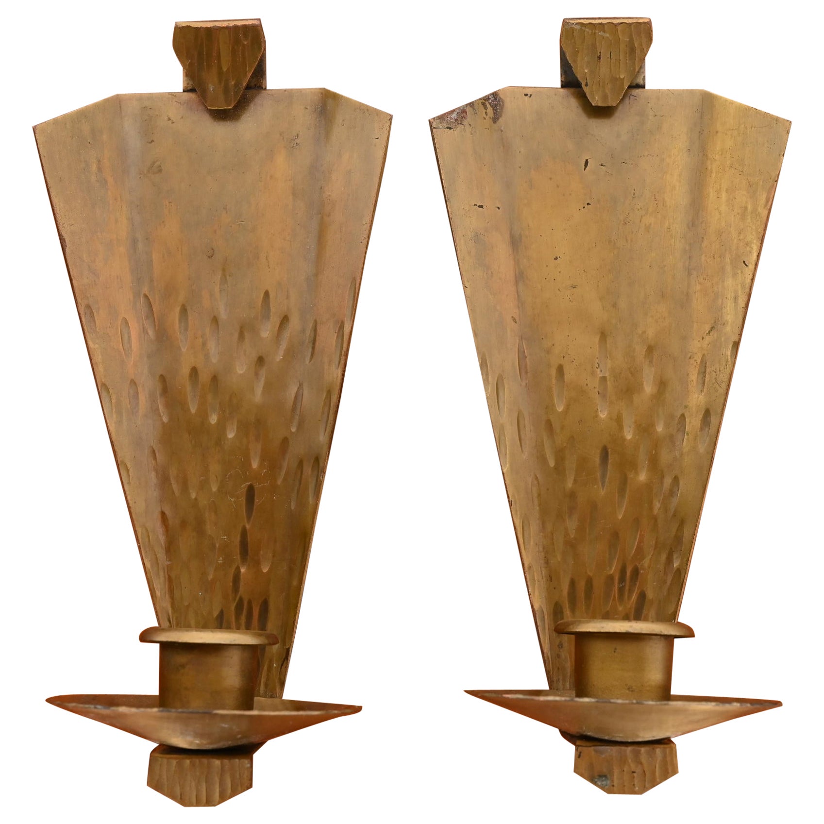 Roycroft Arts & Crafts Hammered Brass Candle Wall Sconces, Pair For Sale
