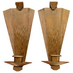 Antique Roycroft Arts & Crafts Hammered Brass Candle Wall Sconces, Pair