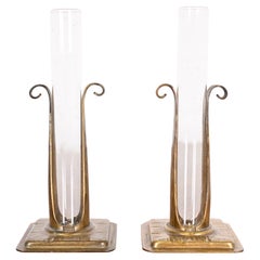 Roycroft Arts & Crafts Hammered Copper and Glass Bud Vases, Pair