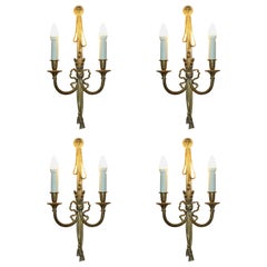 Antique Four circa 1920s Gilt Bronze Ribbon & Wheat Twin Branch French Wall Sconces