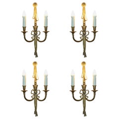 FOUR CIRCA 1920er GILT BRONZE RIBBON & WHEAT TWiN BRANCH FRENCH WALL SCONCES