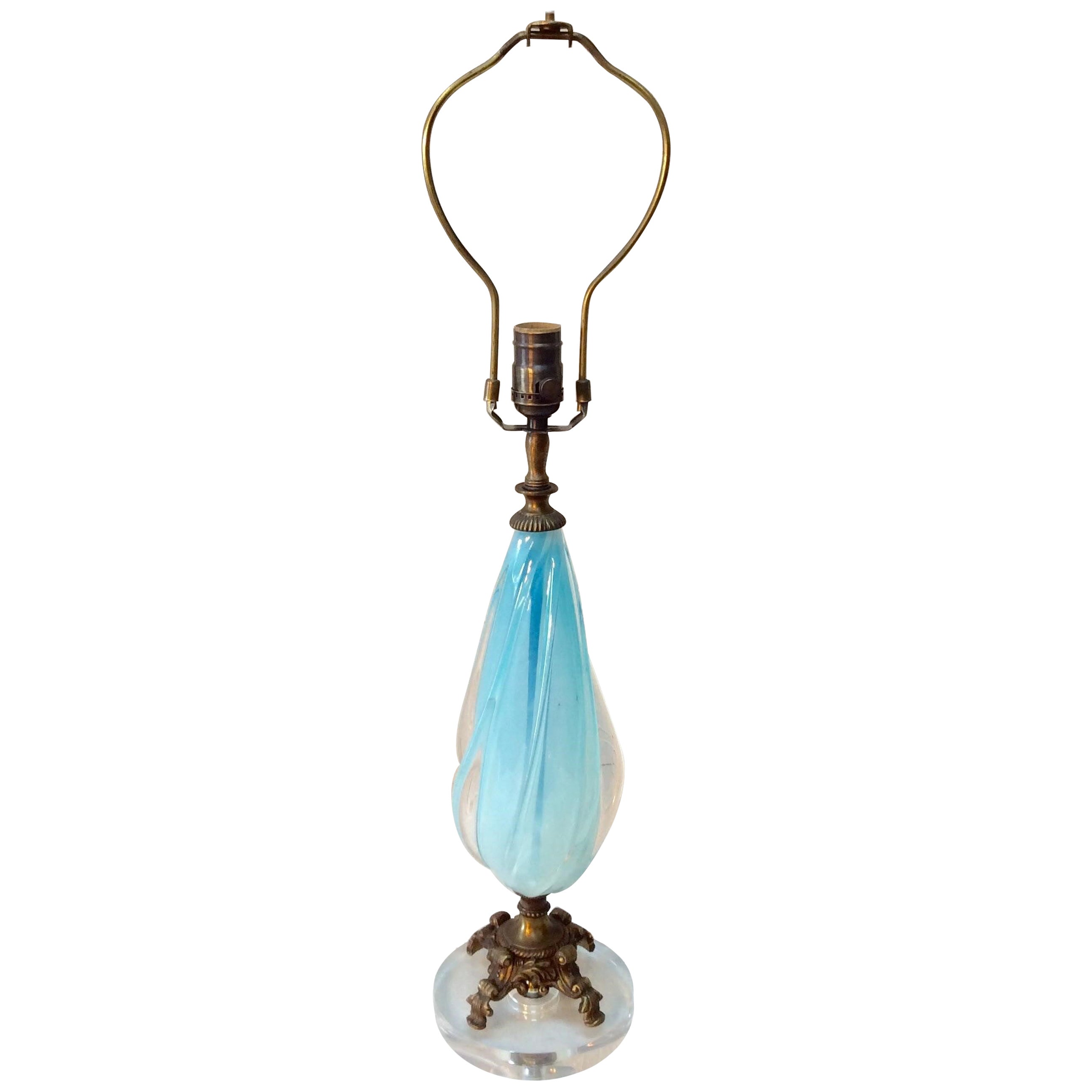 Mid-20th Century Murano Glass and Brass Table Lamp with Lucite Base