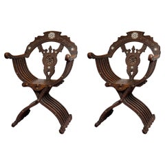 Antique Pair of Syrian Folding Savonarola Chairs 