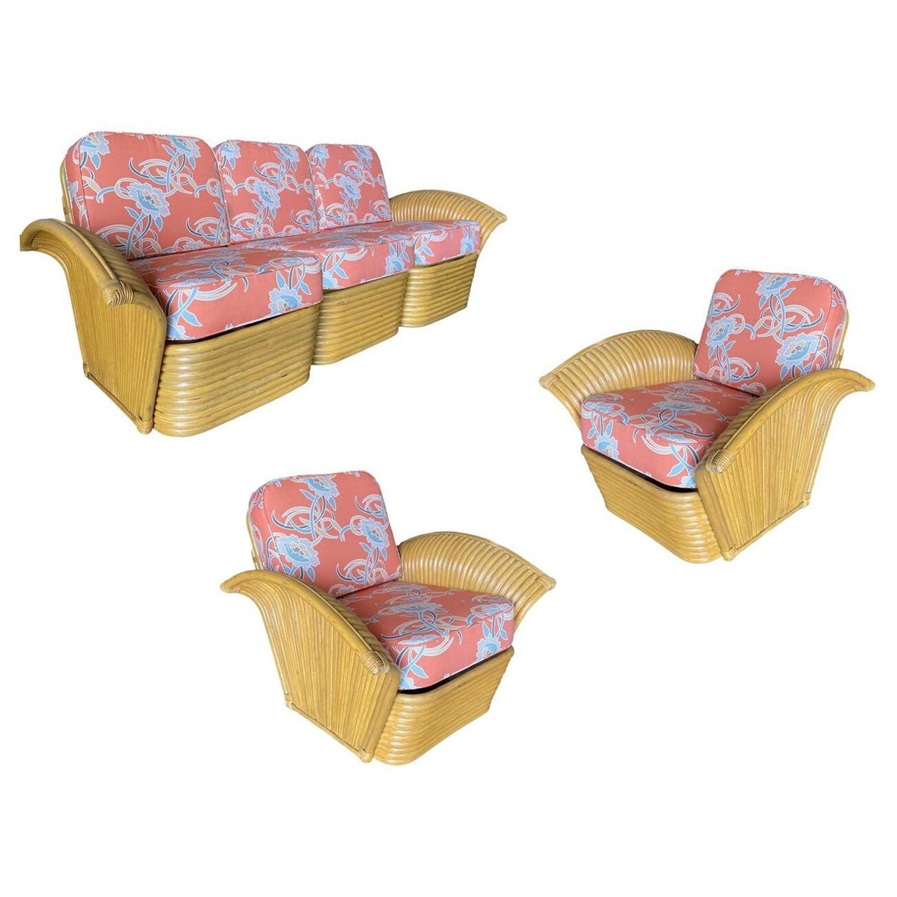 Restored Rattan "Golden Girls" Sofa & Lounge Chair Livingroom  Set For Sale