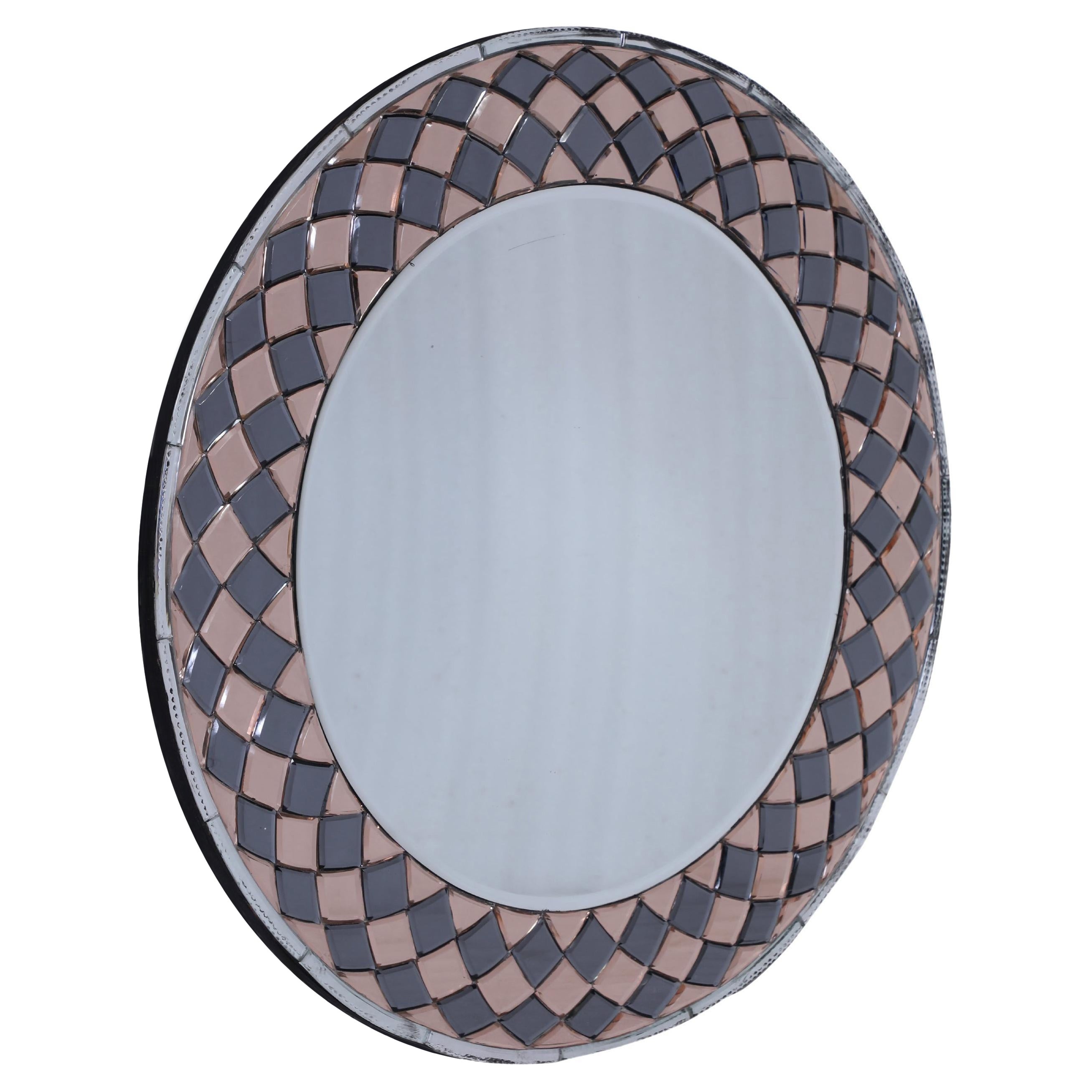 Rose and Smoked Glass Harlequin Design Round Mirror For Sale