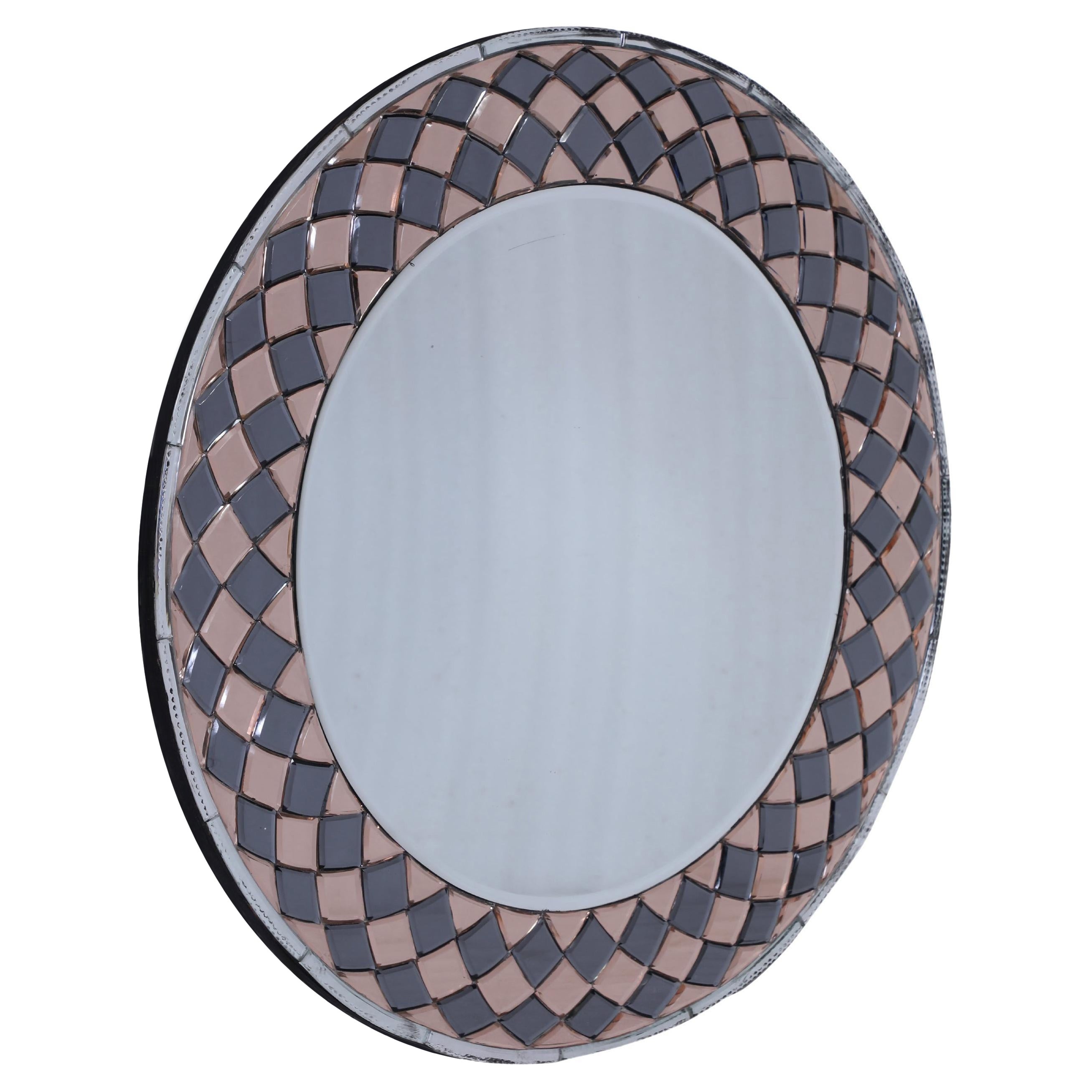 Rose and Smoked Glass Harlequin Design Round Mirror