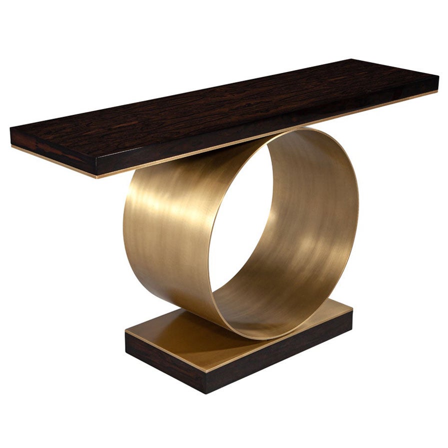 Custom Modern Console Table with Round Brass Pedestal For Sale