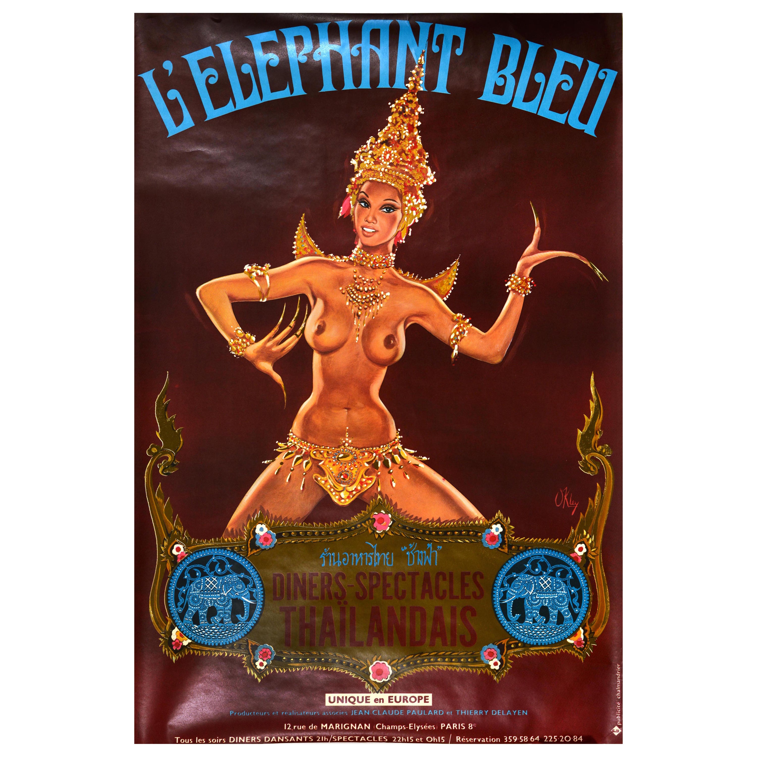 Original Vintage Advertising Poster Elephant Bleu Thai Show Dinner Okley Pin-Up For Sale