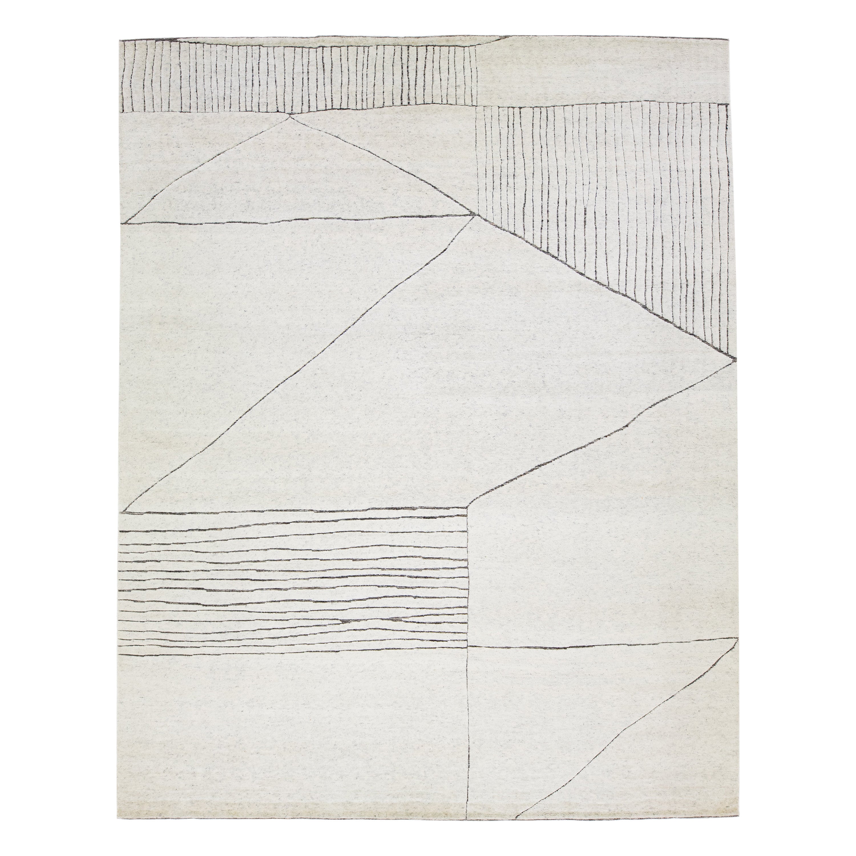 Modern Ivory Moroccan Style Wool Rug with Abstract Motif by Apadana