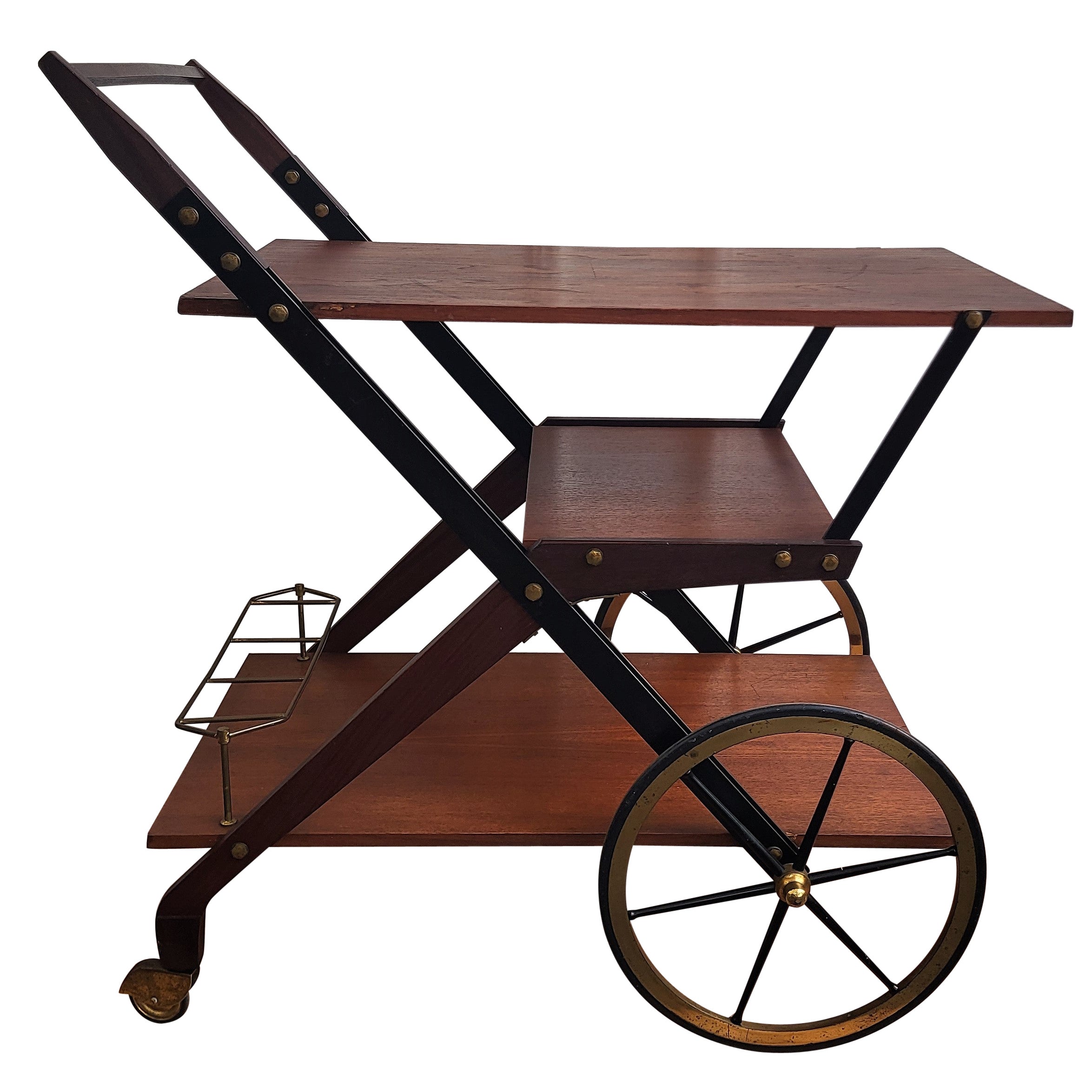 1950s Art Deco Midcentury Italian Wood and Brass Dry Bar Cabinet Liquor Cart en venta