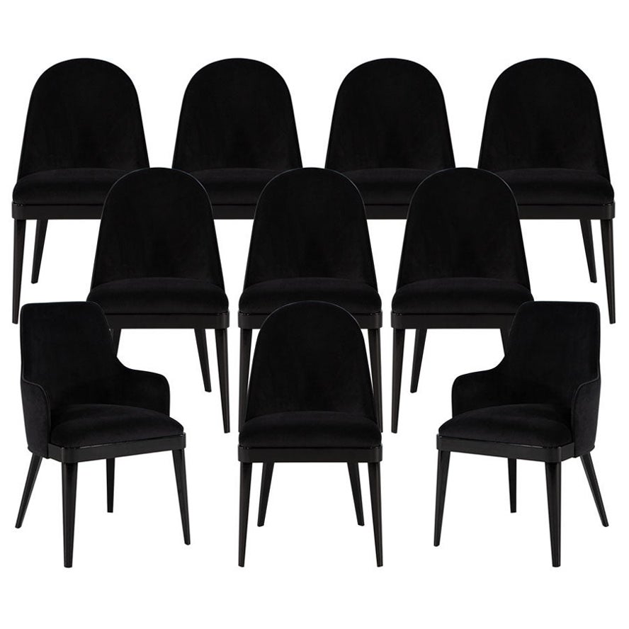 Set of 10 Custom Modern Black Velvet Dining Chairs Svelte Chair For Sale