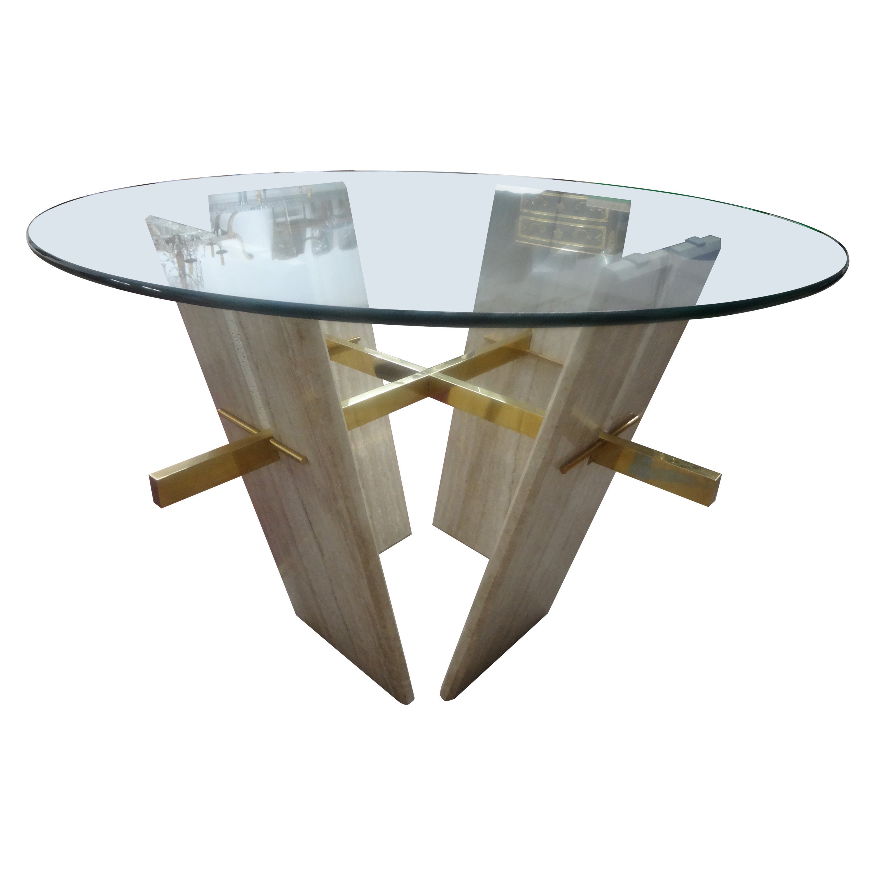 Italian Modern Travertine And Brass Table For Sale