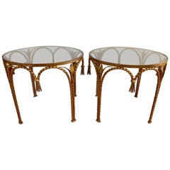 Hollywood Regency Gilt Metal Rope and Tassel Glass Tables