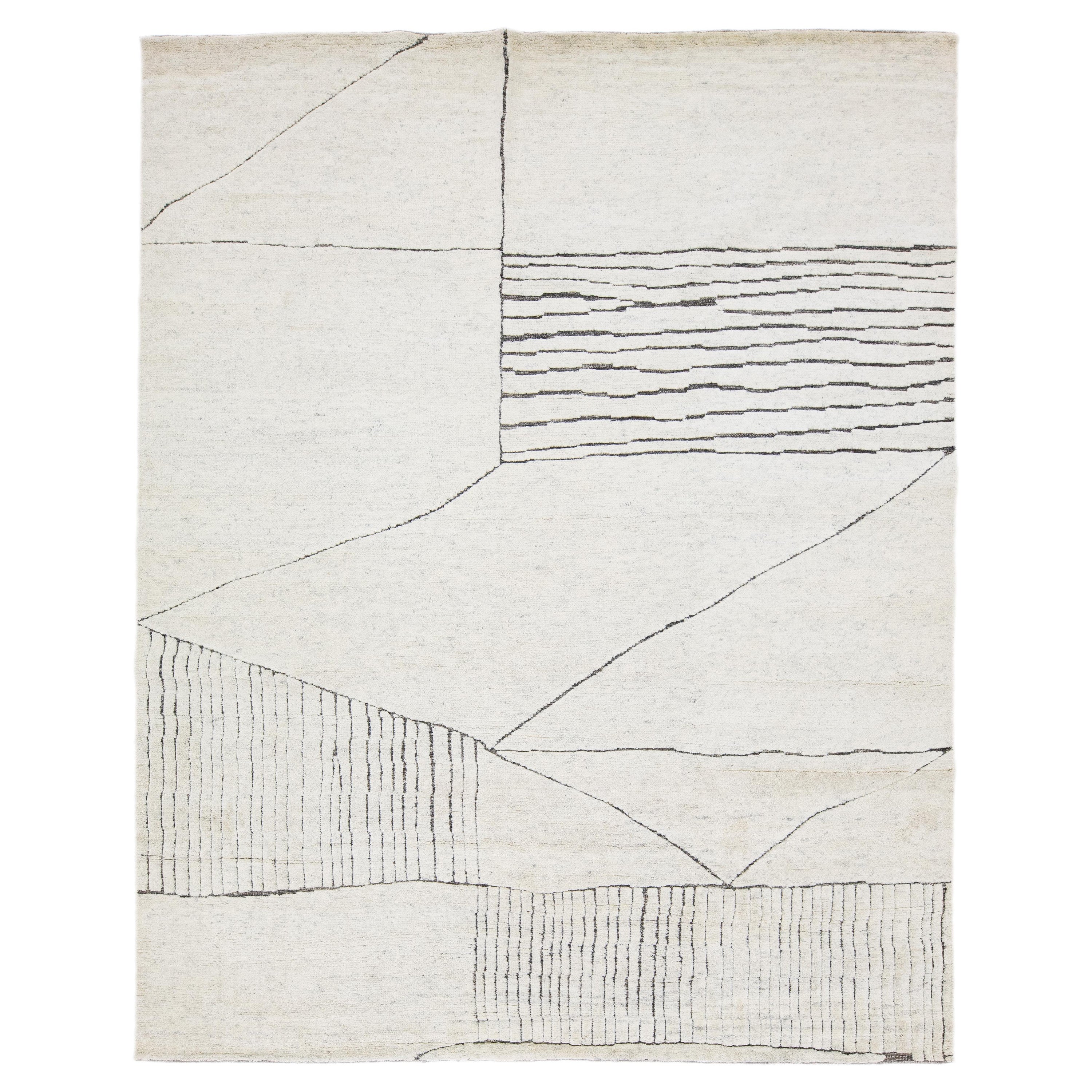 Apadana's Modern Moroccan Style Ivory Wool Rug With Abstract Motif  For Sale