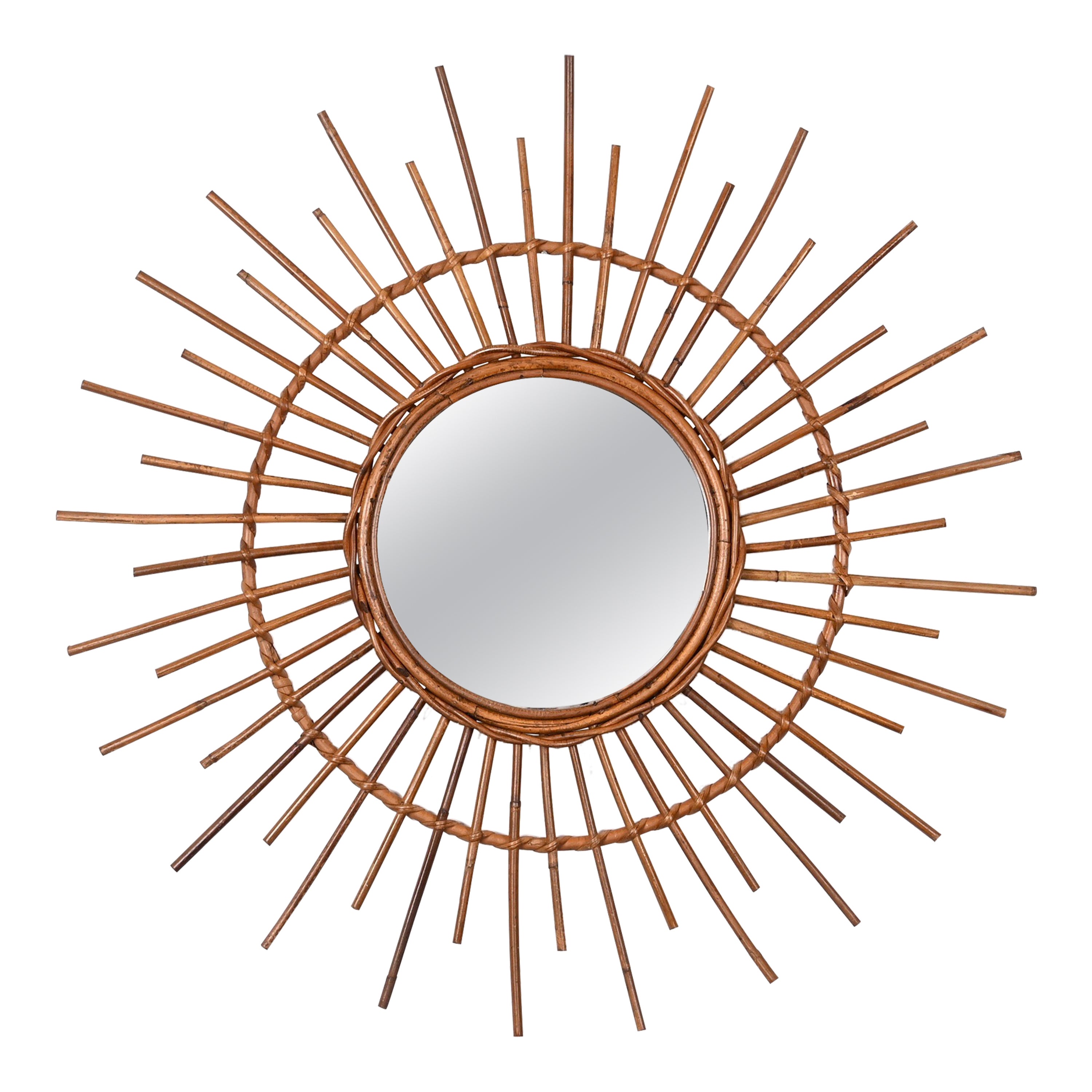 Midcentury Sun-Shaped Rattan and Bamboo Italian Round Mirror, 1950s