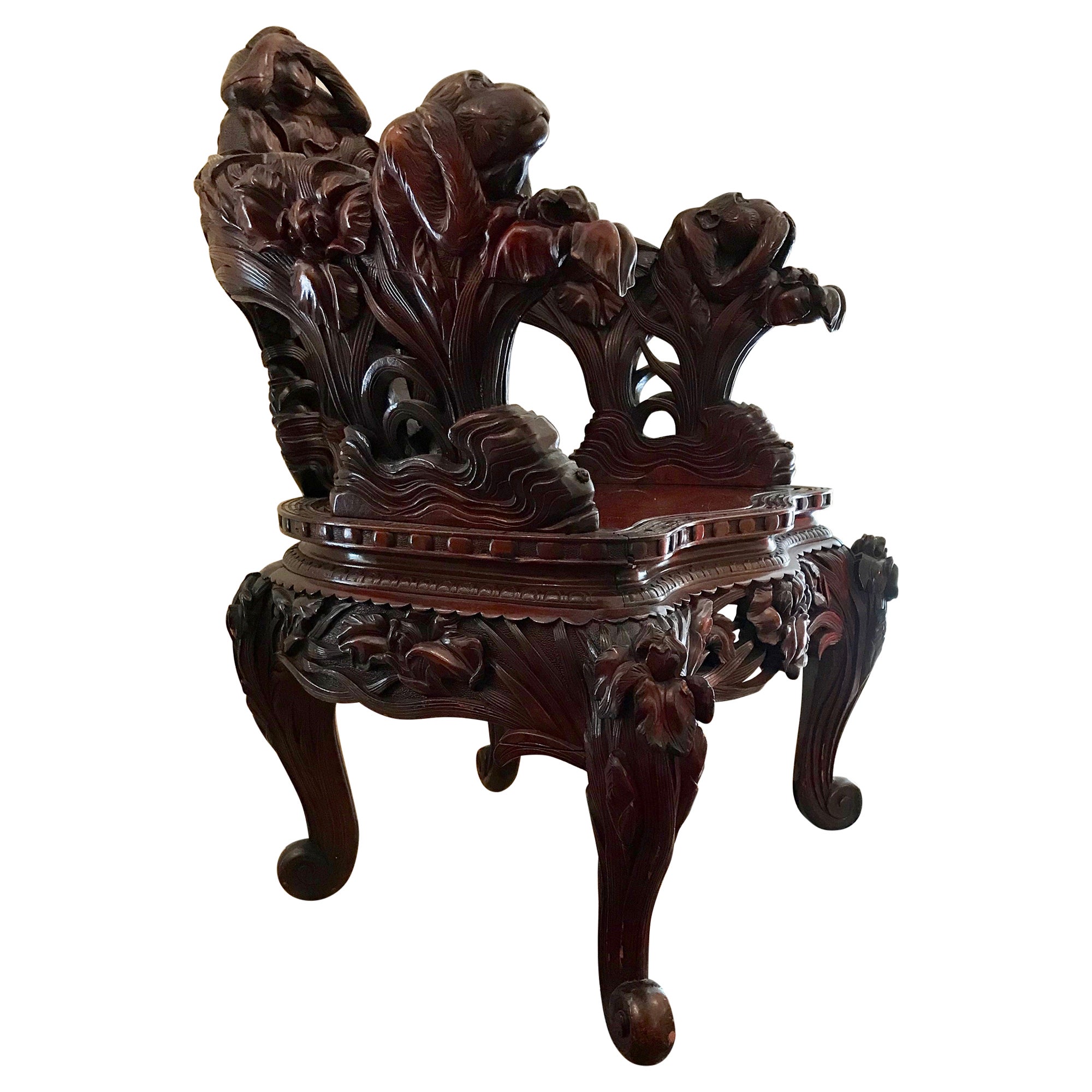 Carved Japanese Chair With  " 3 Monkeys " For Sale