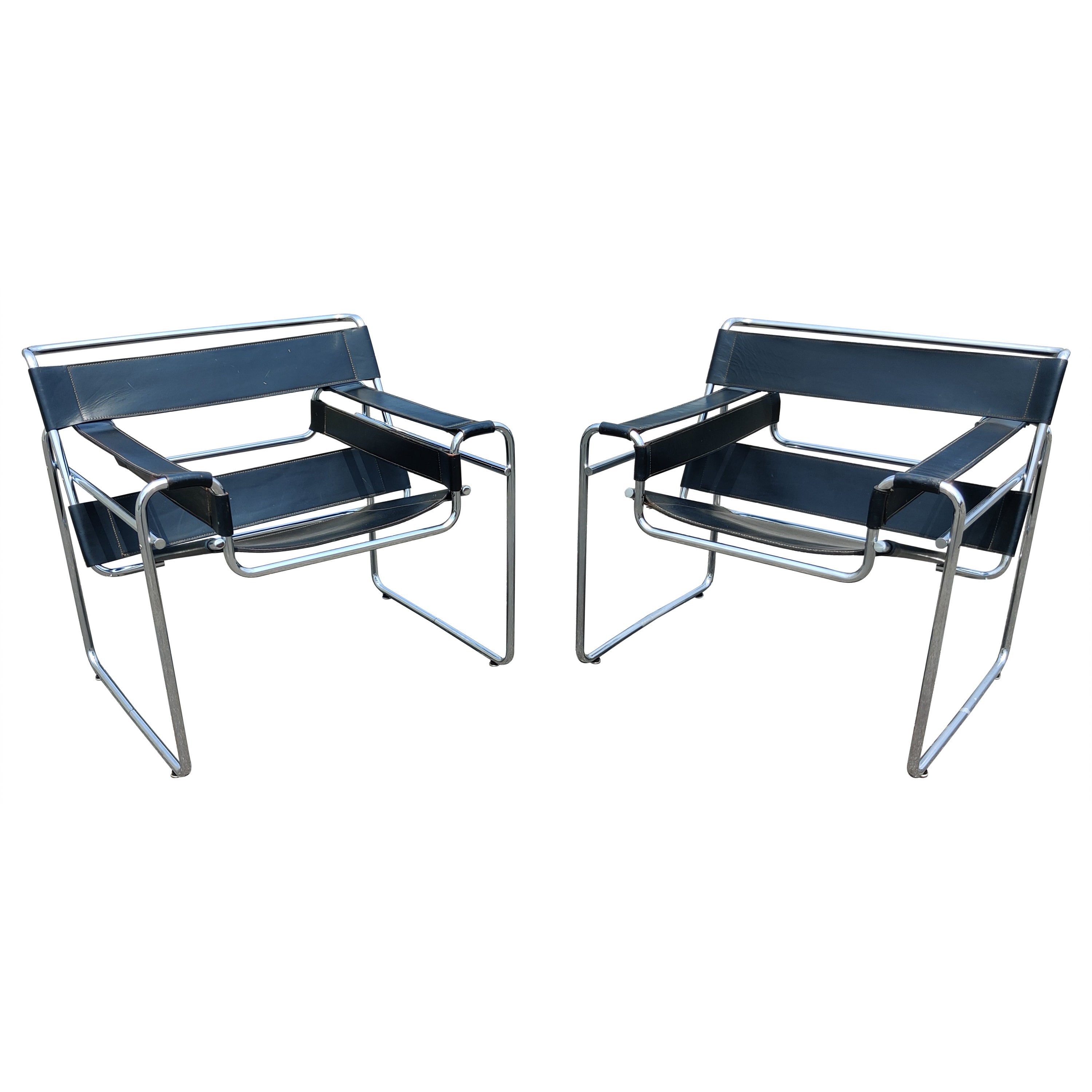 Signed & Dated Marcel Breuer Pair Wassily Lounge Chairs Knoll Blk Lthr & Chrome