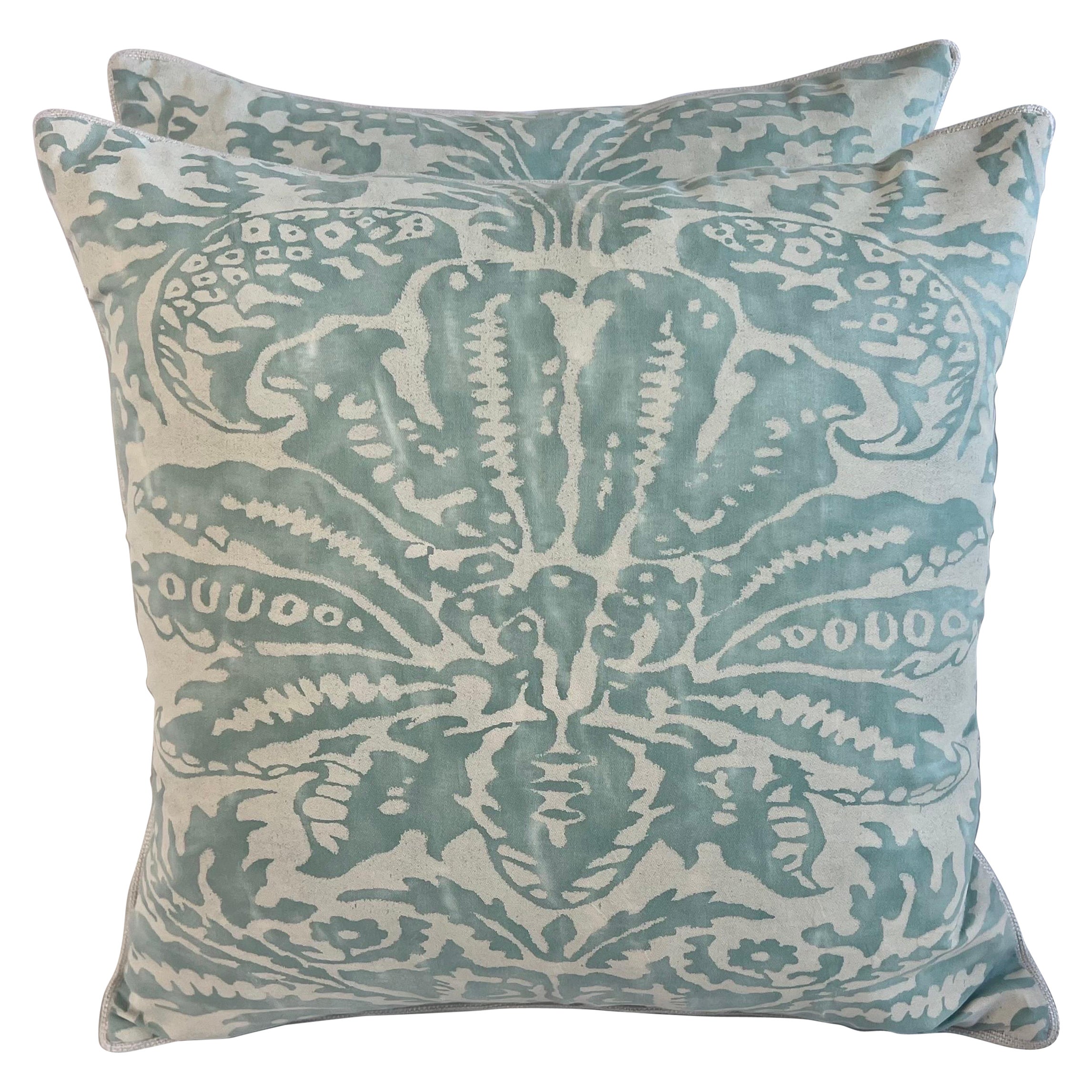 Pair of Aqua & White Colored Fortuny Pillows For Sale