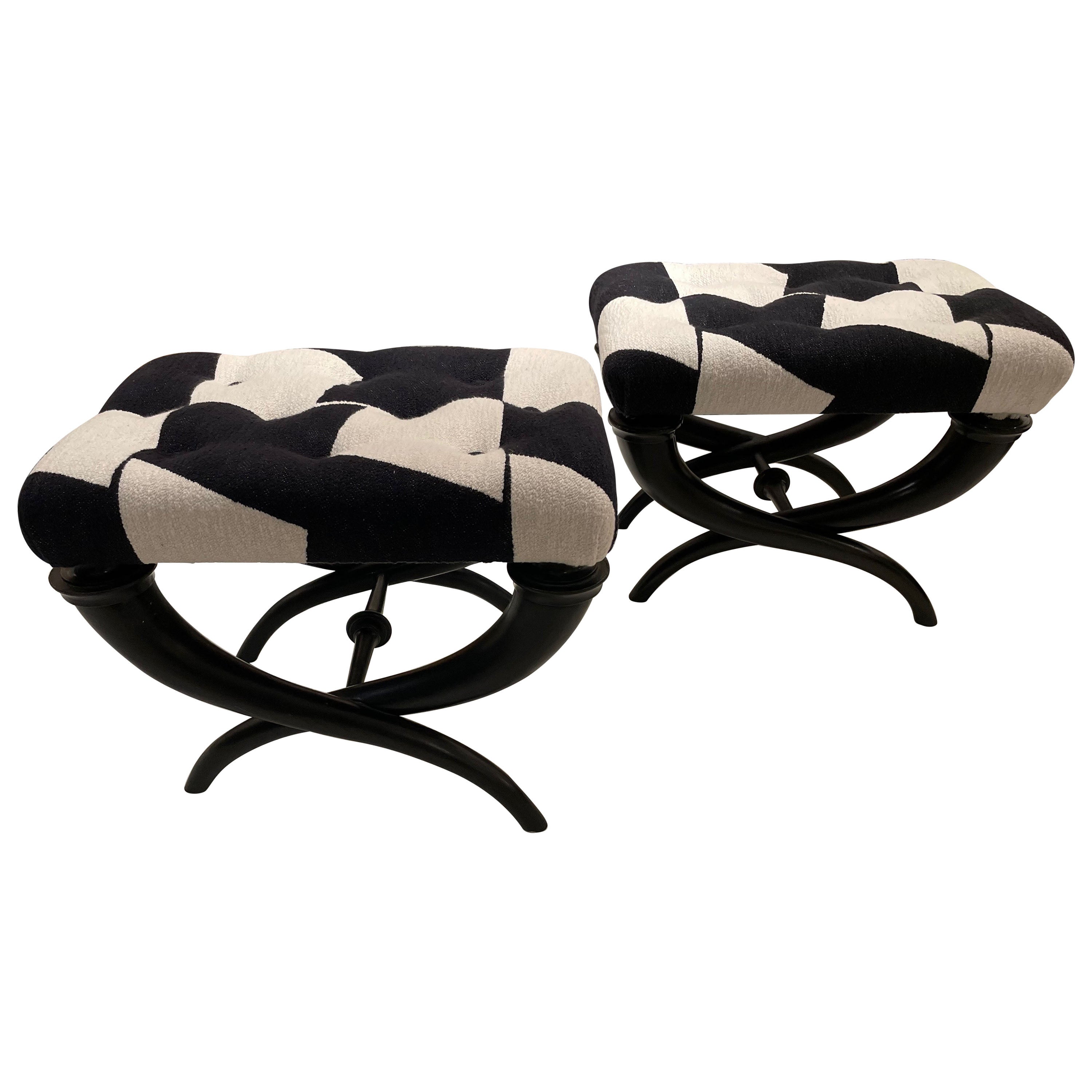 Pair of Art Deco Black Lacquer Ottomans Attributed by Dominique France 1935.