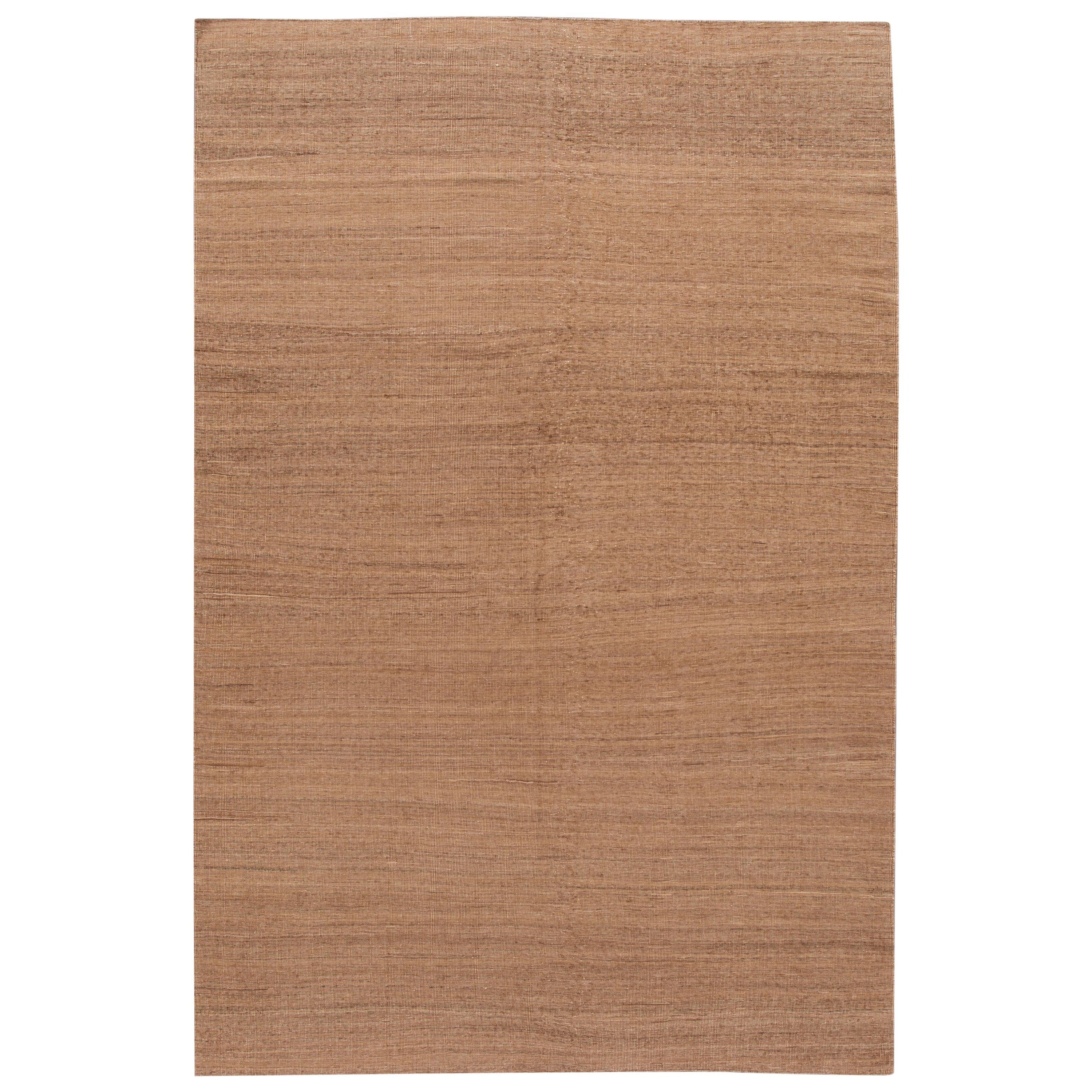 Solid Brown Contemporary Kilim Flatweave Wool Rug For Sale