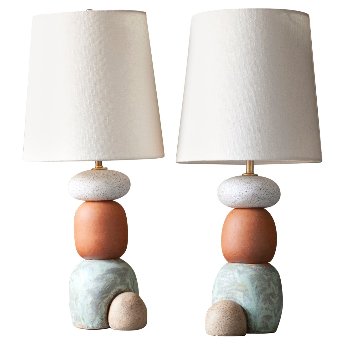 West Lamp Pair, Contemporary Handmade Ceramic Glazed, White, Green, Red Clay For Sale