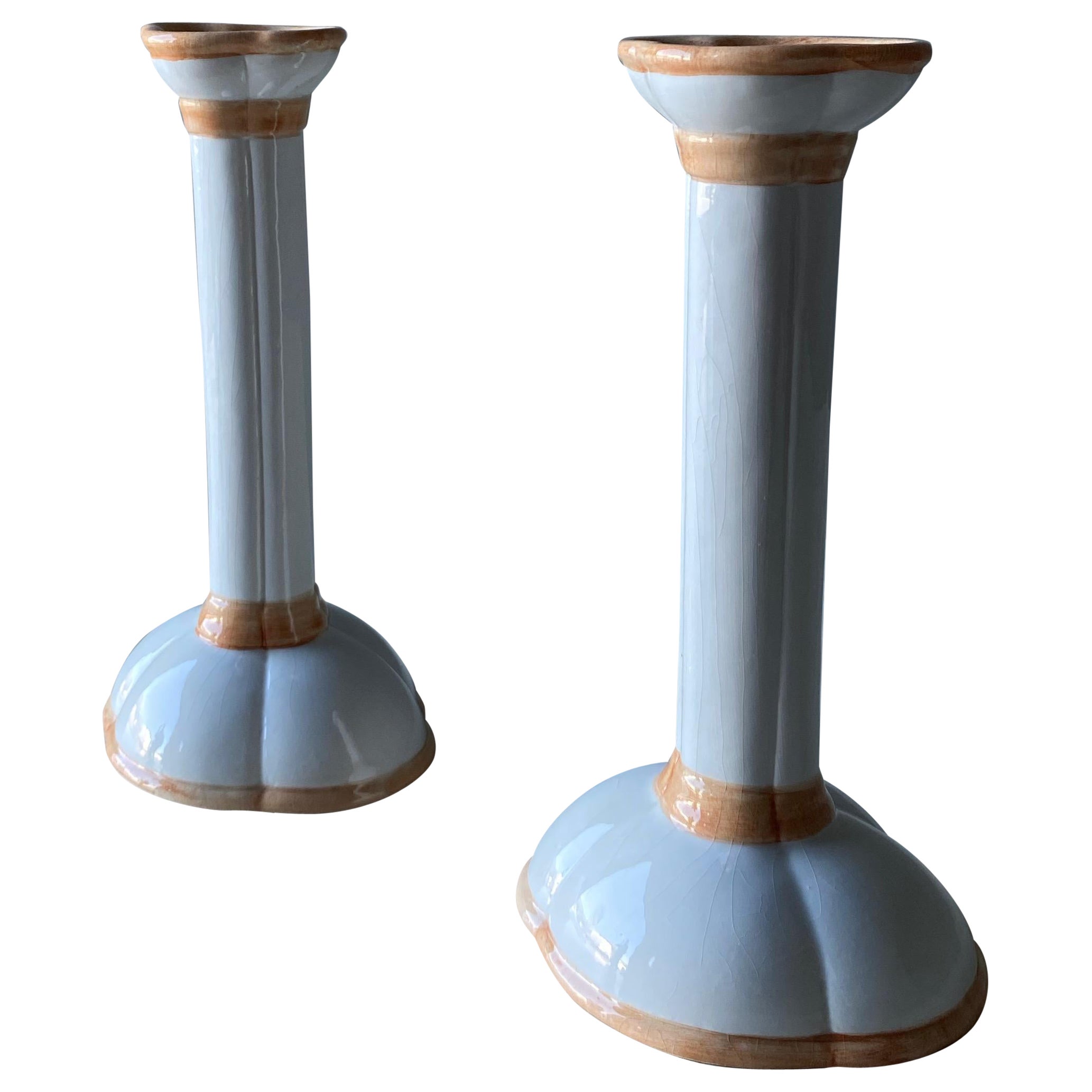 Italian Hand Painted Ceramic Candlesticks, 1960s