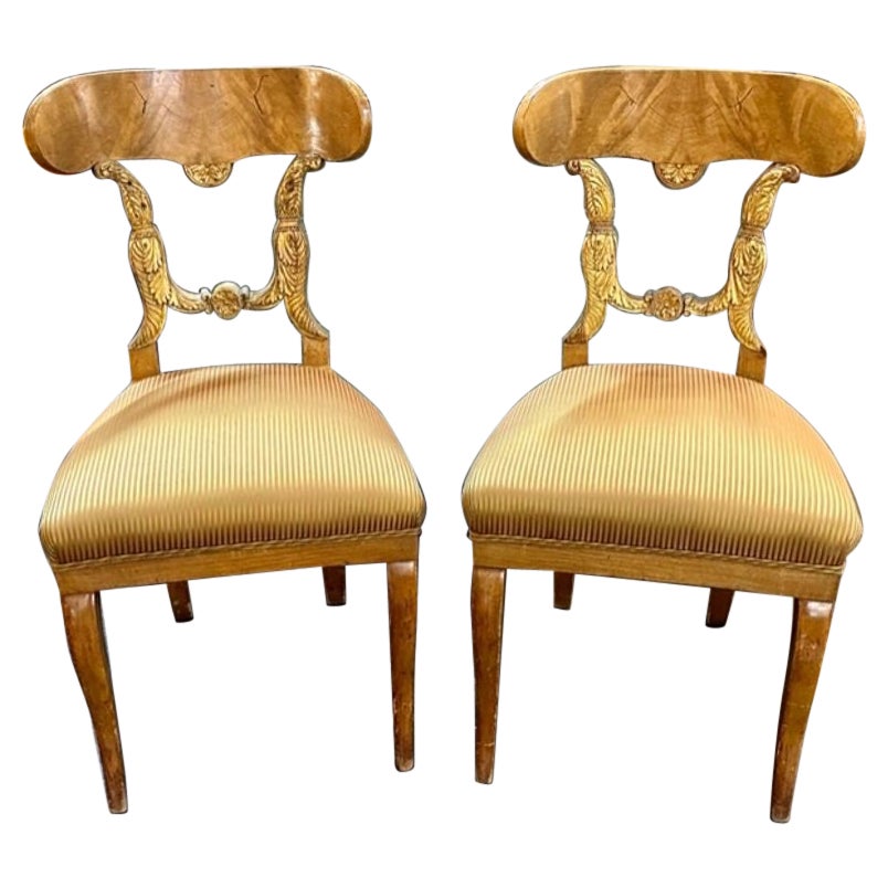 Pair of Austrian Biedermeier Carved Walnut Side Chairs For Sale