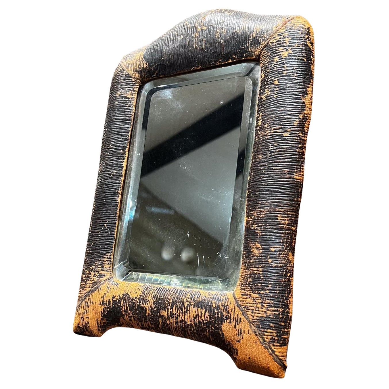 1940s Art Deco Distressed Leather Wrapped Table Mirror en vente