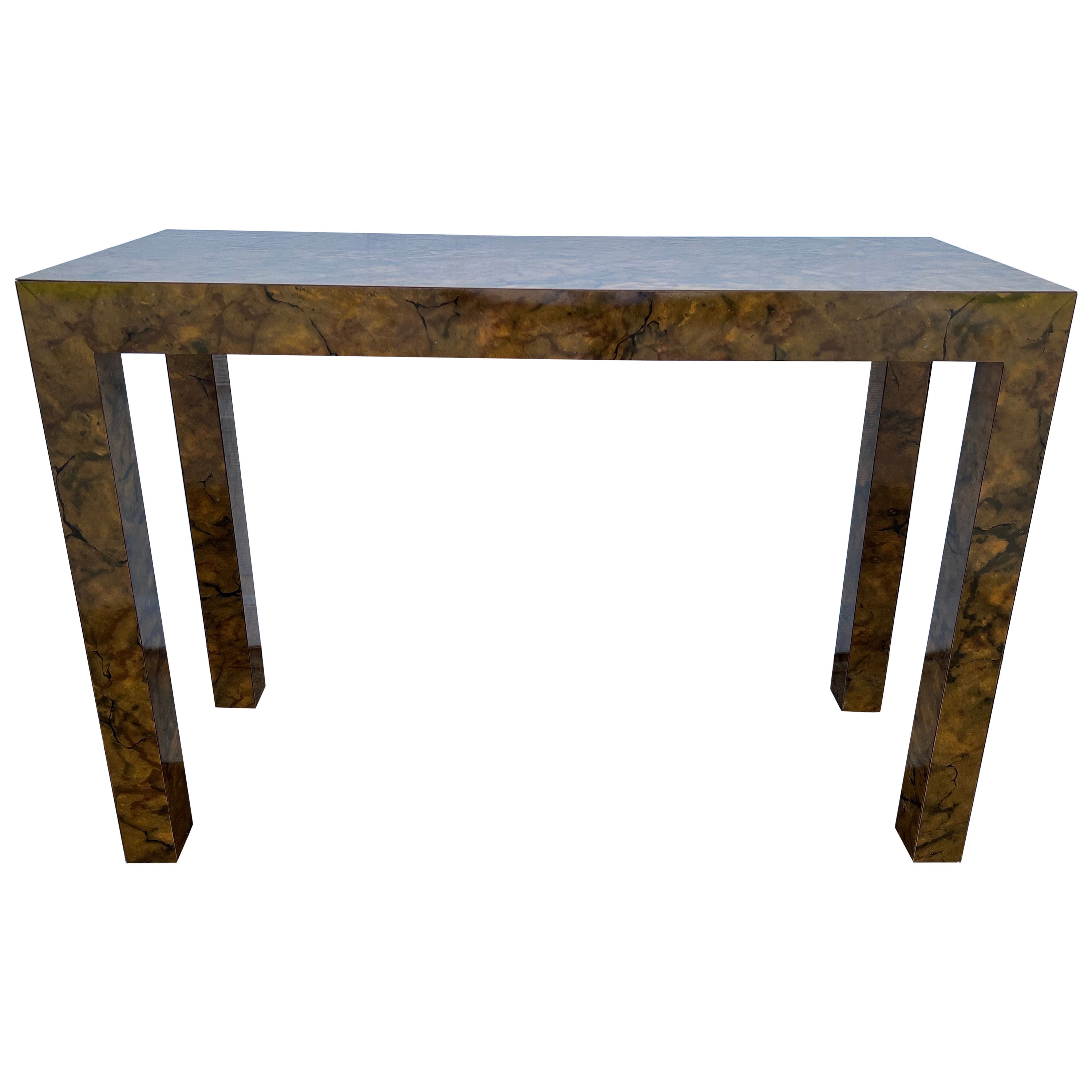 Burl Wood Formica Parsons Console Table  For Sale