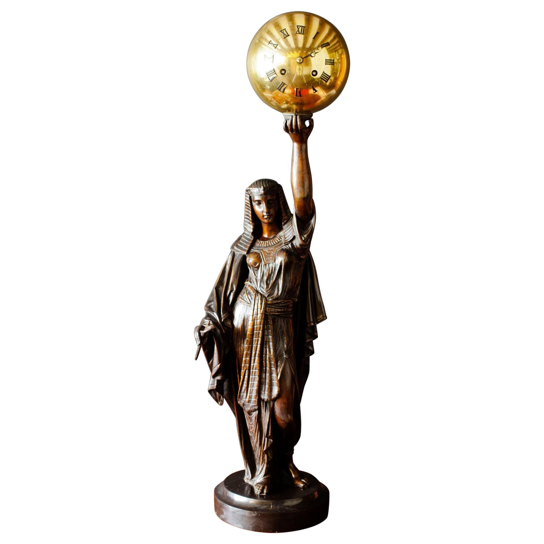French Bronze Figural Clock Depicting Aurora For Sale