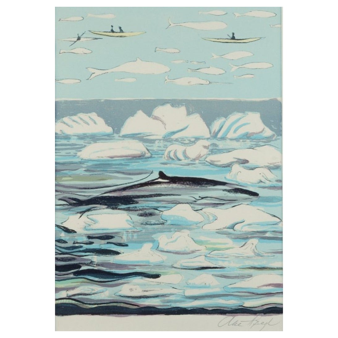 Aka Høegh, Greenlandic Painter, Color Lithograph on Paper, Greenlandic Sea Motif For Sale