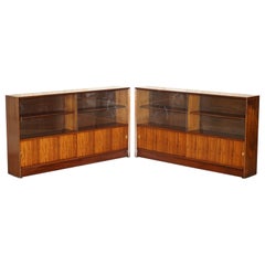 PAIR OF MID CENTURY MODERN HERBERT GIBBS TEAK DWARF GLASS DOOR LIBRARY BOOKCASEs