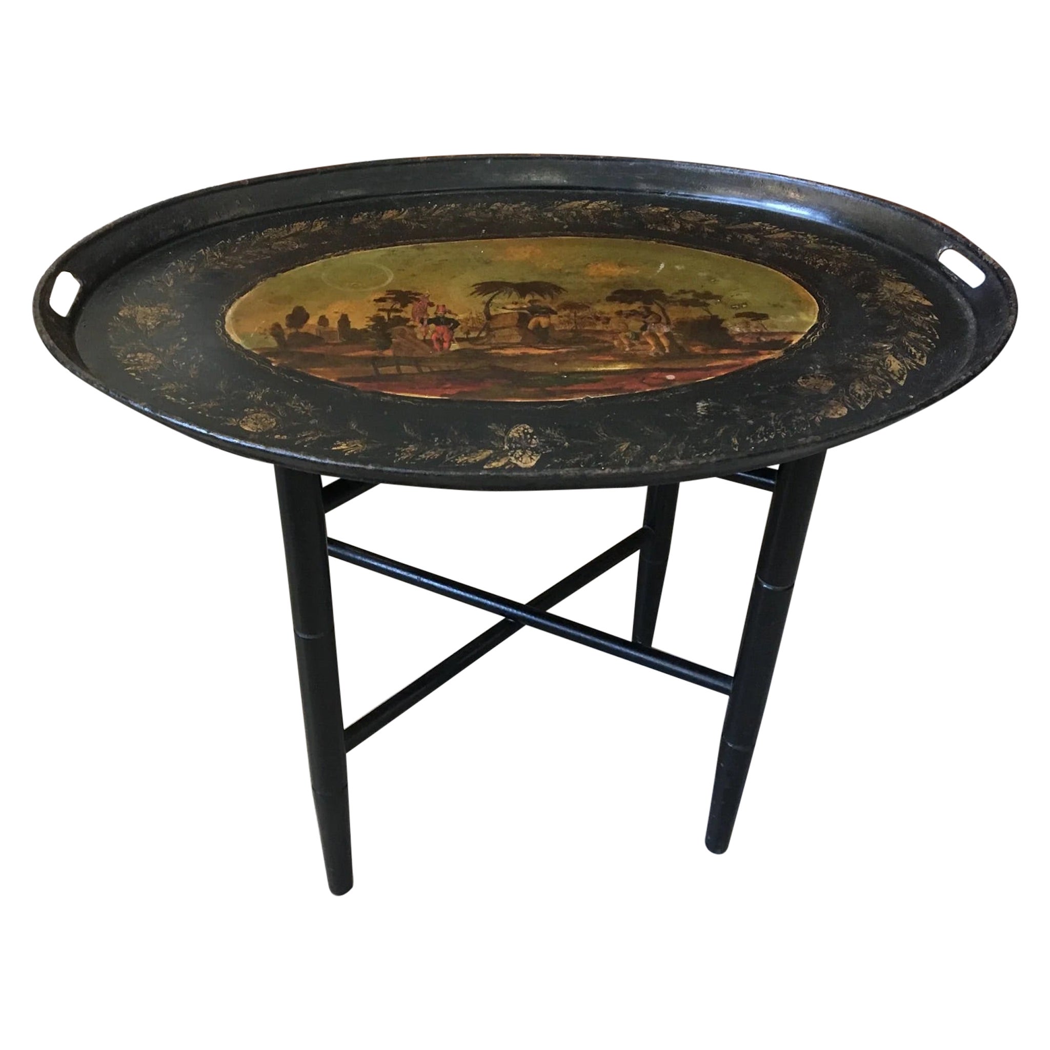19th Century French Painted Tole Tray with Stand - Colonial Islands For Sale