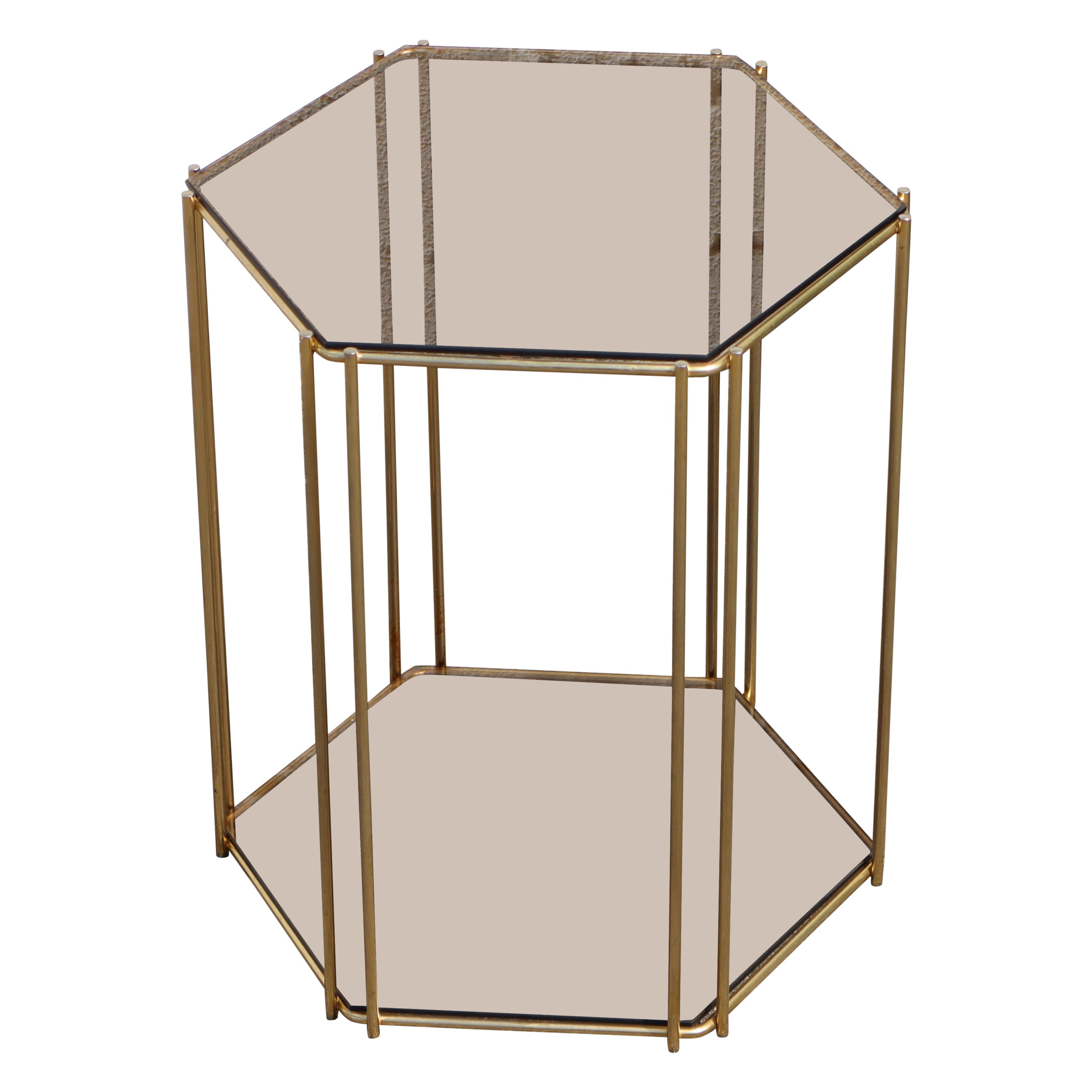 French Vintage Two Tier Smoked Glass & Brass Hexagonal Console-Regency Style-70s For Sale