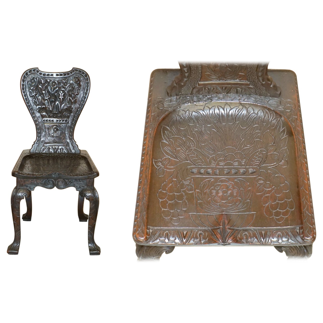 STUNNING ANTIQUE CIRCA 1860 HAND CARVED COLONIAL HALL SiDE CHAIR MUST SEE PICS For Sale