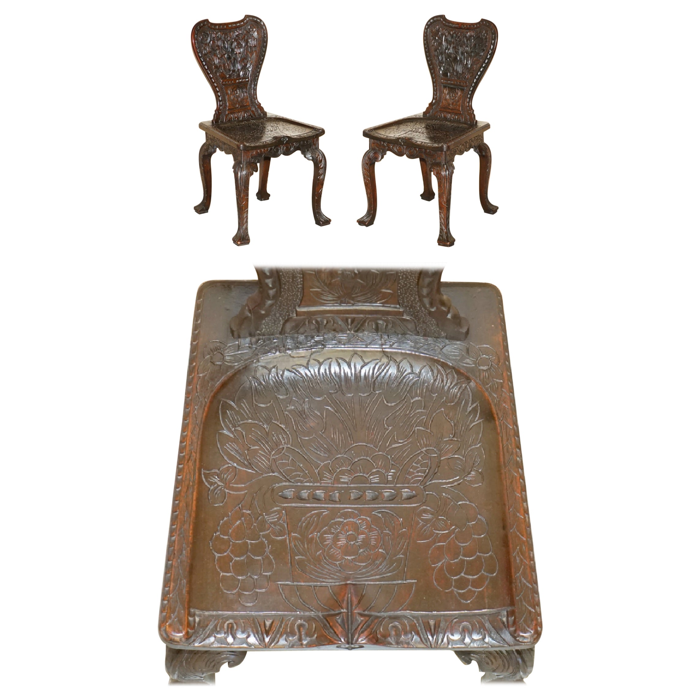 STUNNING PAIR OF ANTIQUE CIRCA 1860 HAND CARVED COLONIAL HALL SIDE CHAIRs For Sale