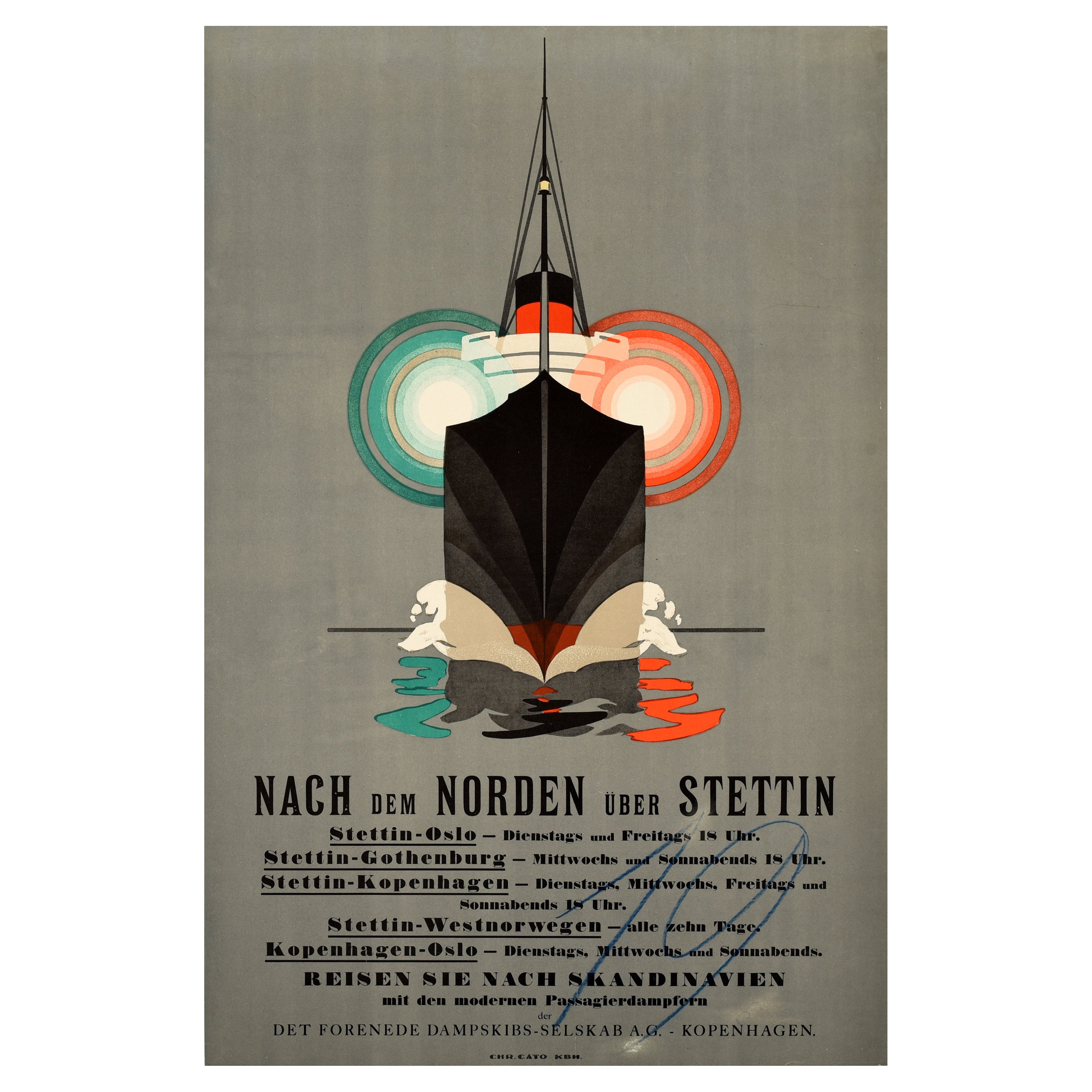 Original Antique Cruise Travel Poster North Via Szczecin Stettin Scandinavia Art For Sale
