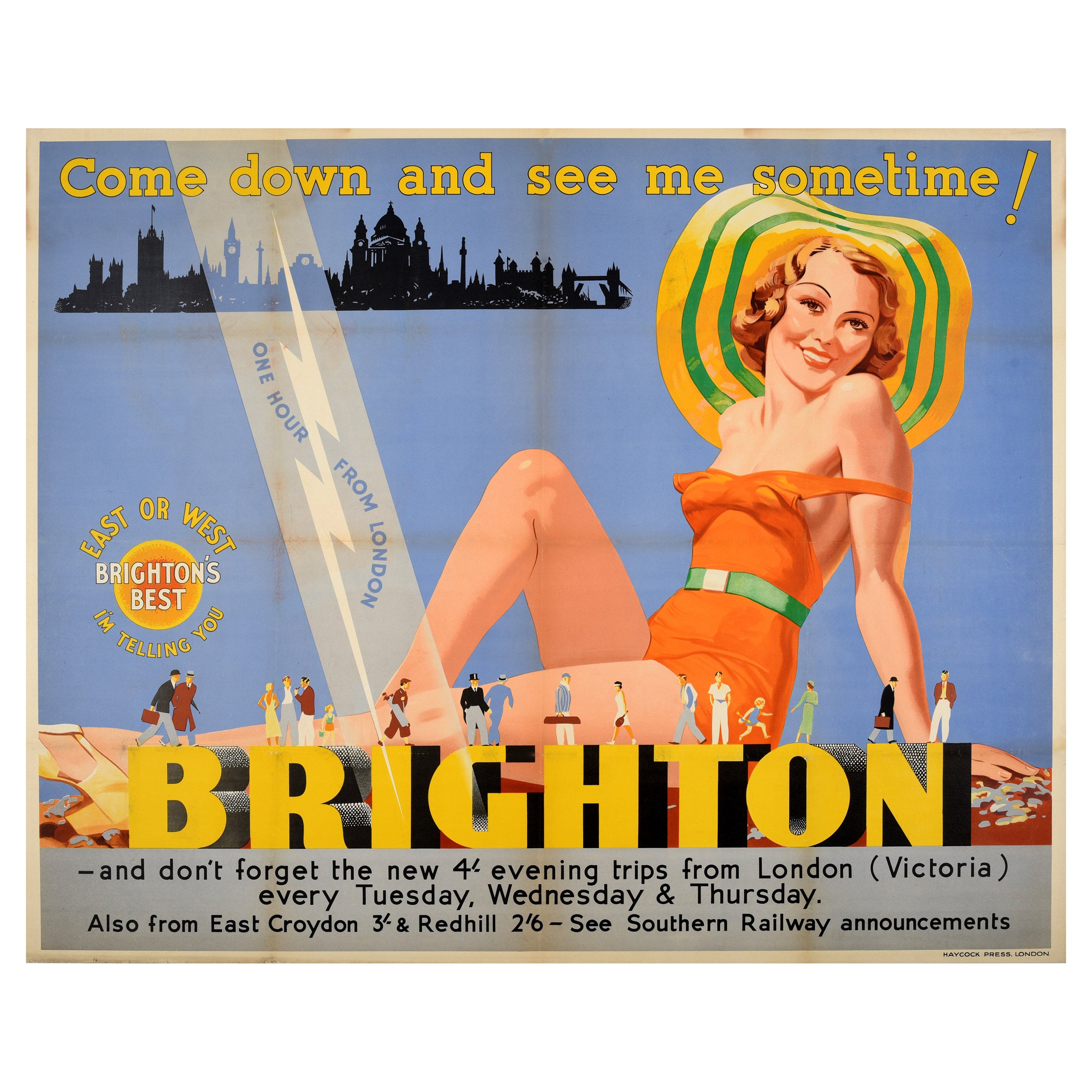 Original Vintage Train Travel Poster Brighton Come Down London Seaside Resort For Sale