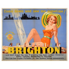 Affiche vintage originale de voyage en train, Brighton Come Down, station balnéaire de bord de mer