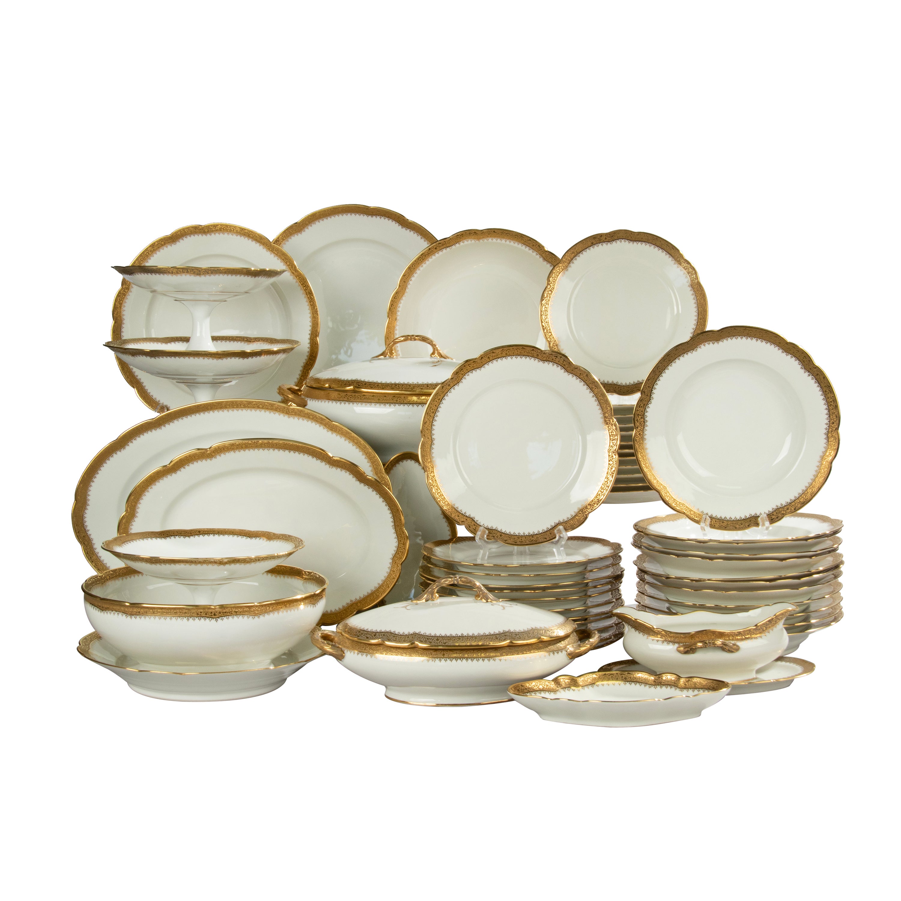 51-Piece Set Porcelain Tableware for 12 Persons - Limoges Incrusted Gold Trims