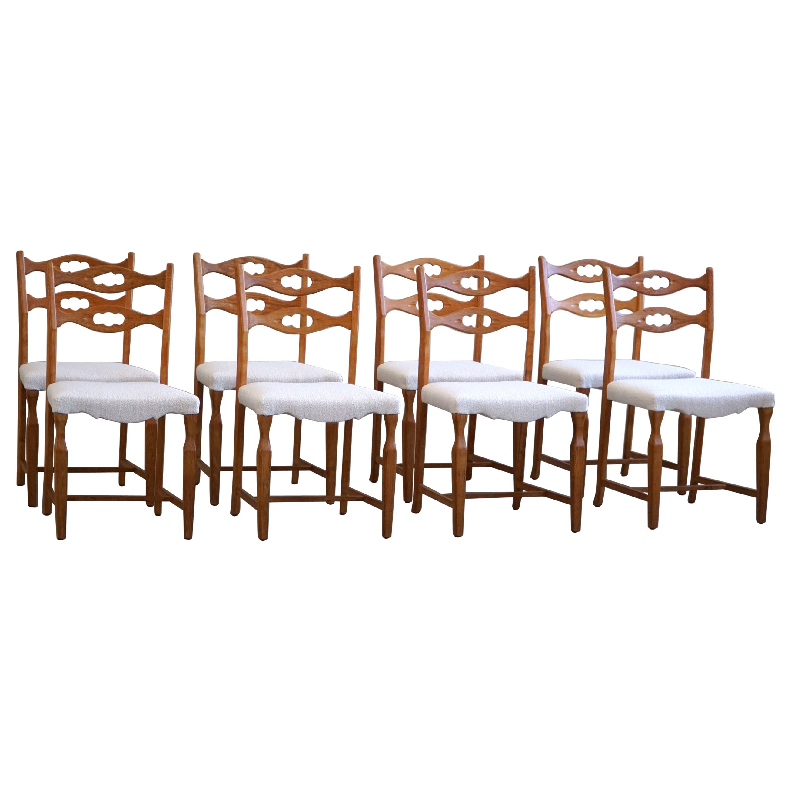Henning Kjærnulf, Set of 8 Dining Chairs in Oak & Bouclé, Danish Modern, 1960s