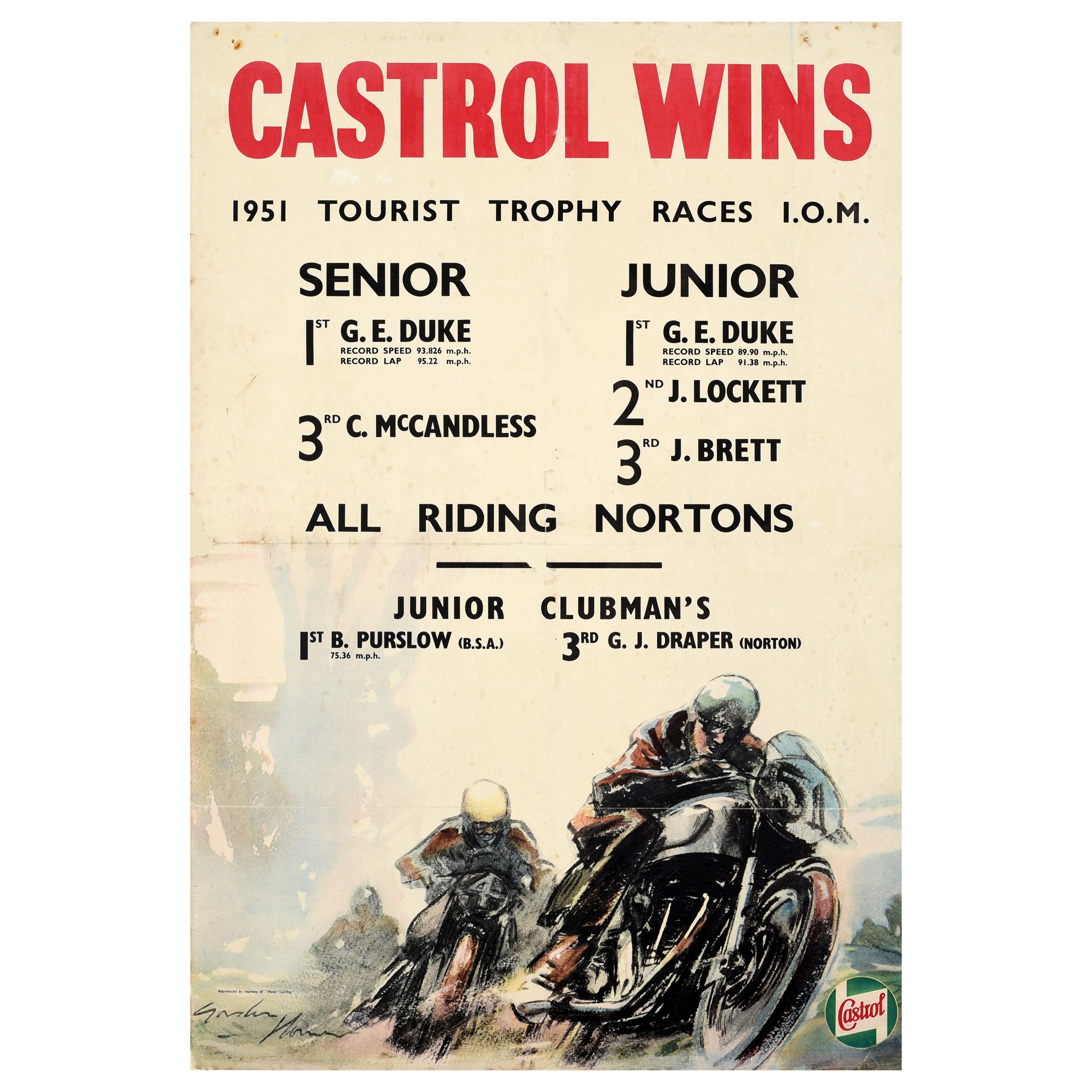 Affiche originale de sport vintage Castrol Wins, 1951, Isle Of Man TT, Courses